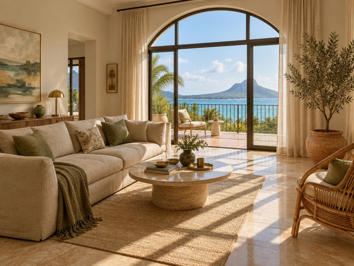 A bright apartment living room with a sea view
