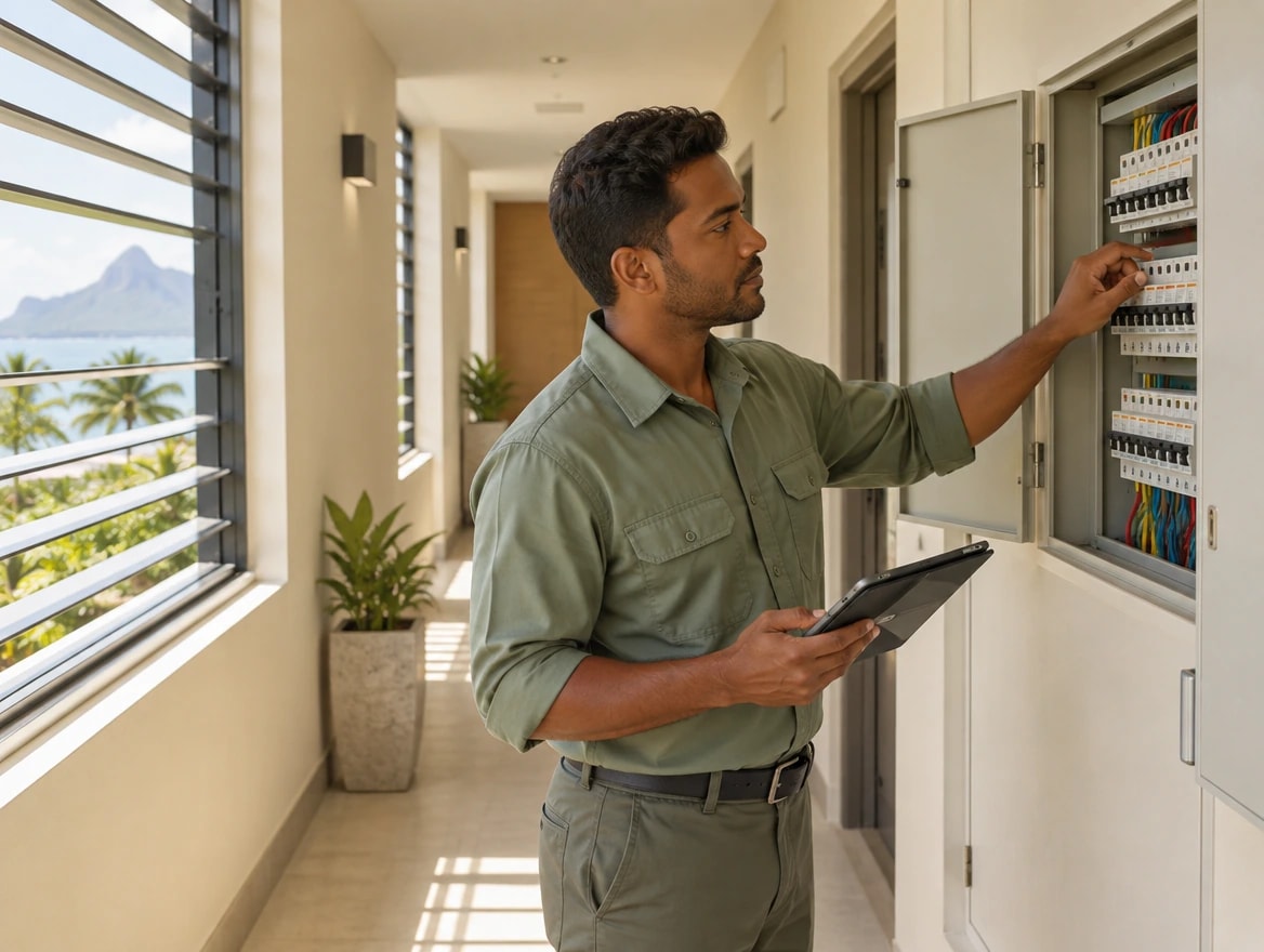 A technician servicing a building's electrical panel