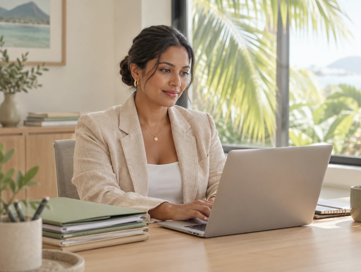 A property manager reviewing levy calls at her desk