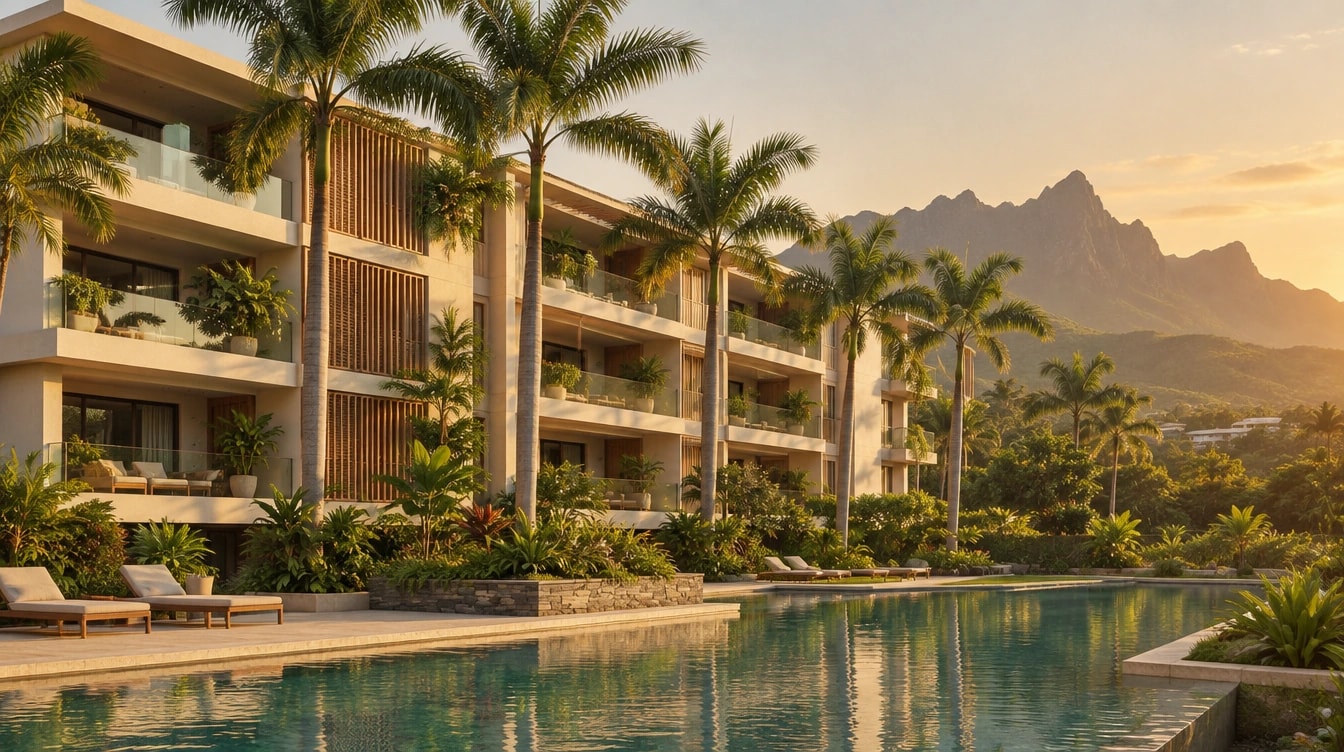 A residence in Mauritius with palms, a pool and the Moka mountains behind